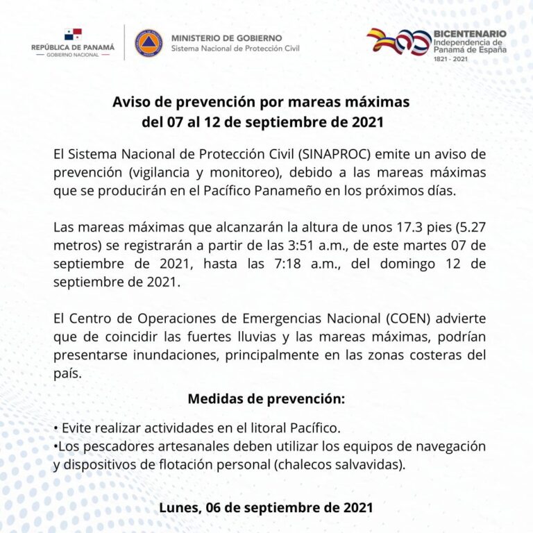 Emiten aviso de prevención por mareas máximas hasta 12 de septiembre